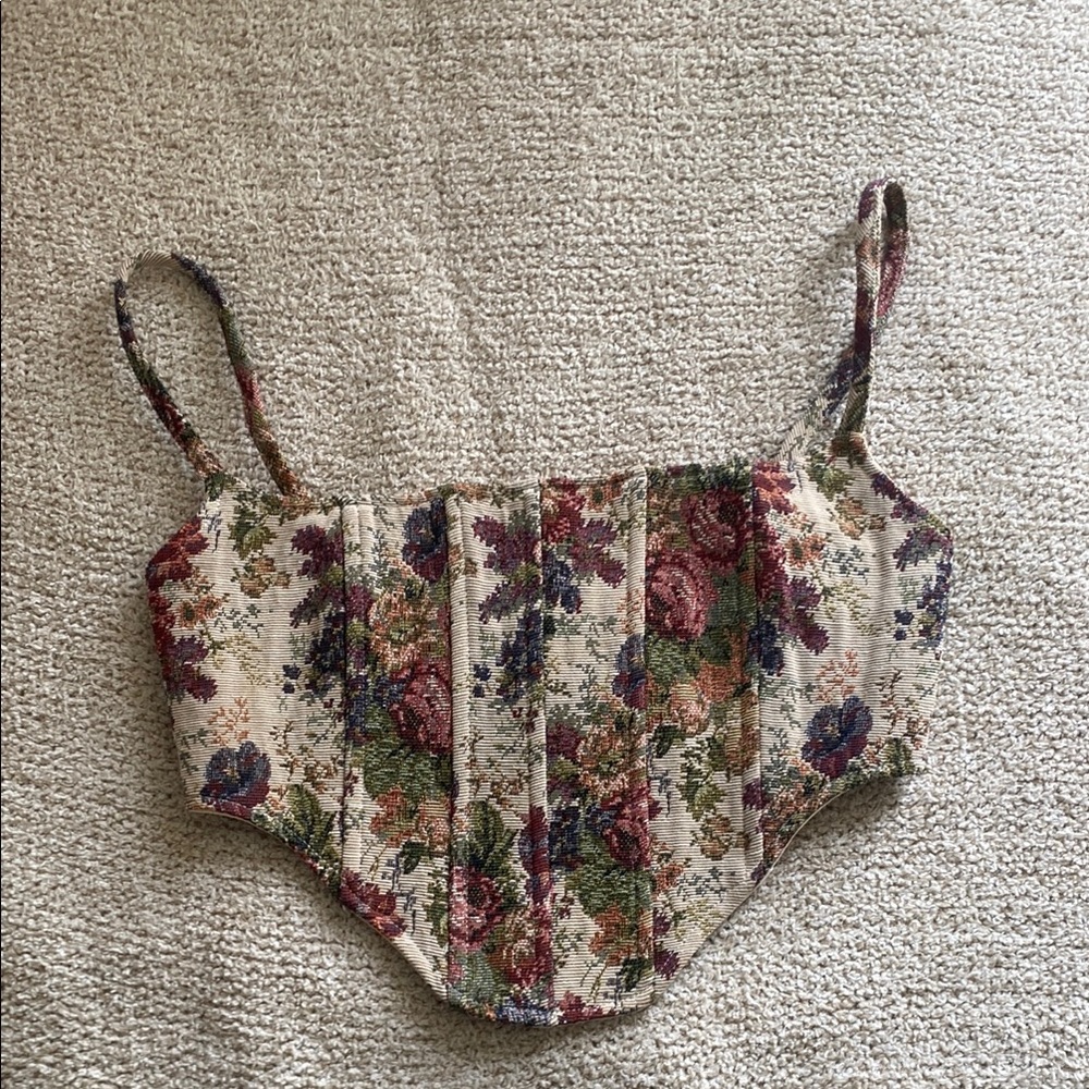 Floral Tapestry Corset Crop Top in Cream